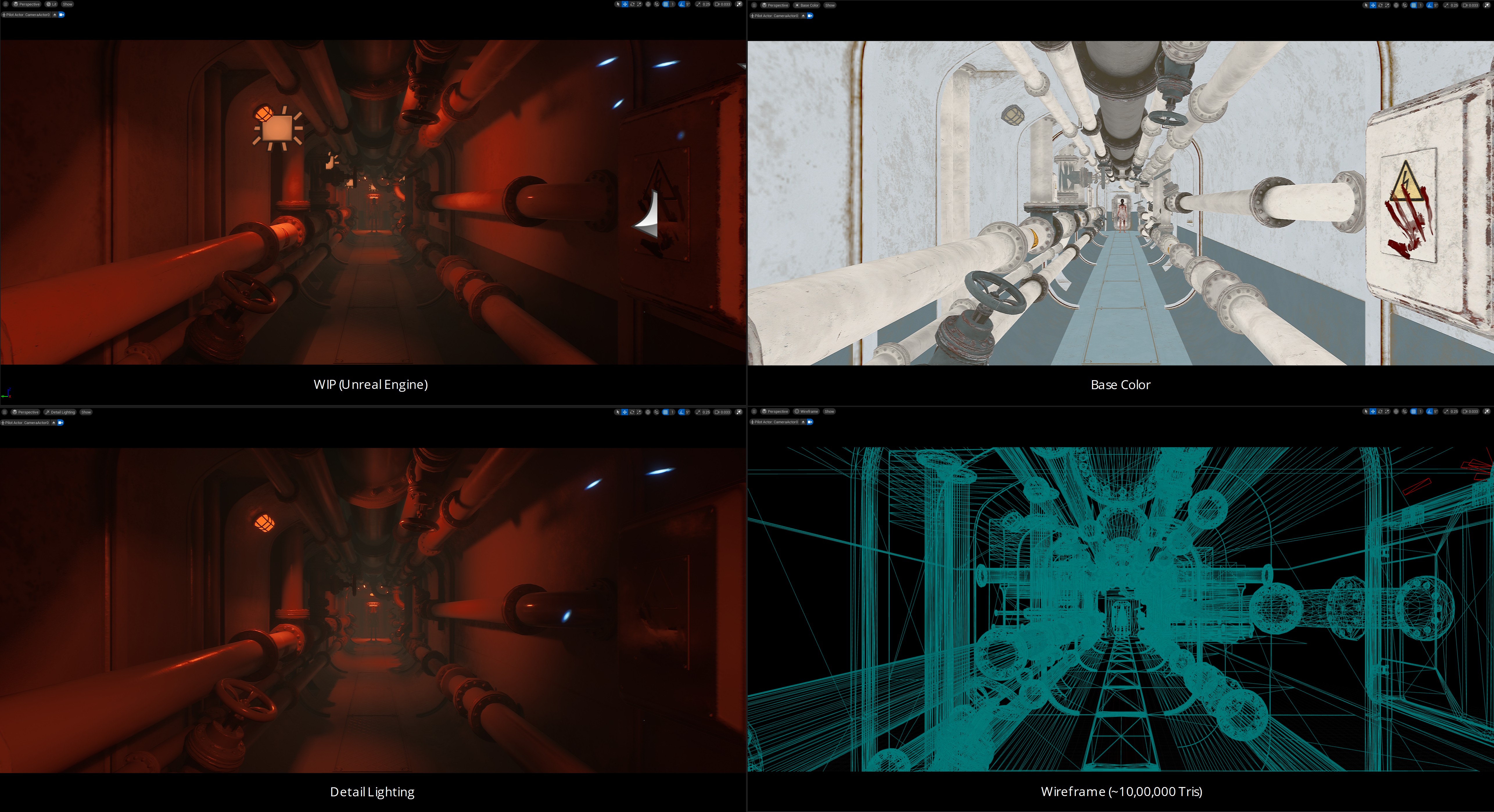 Render passes — WIP, Base Color, Detail Lighting, Wireframe at ~10,00,000 triangles